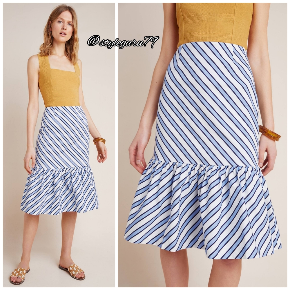 NWT, Anthropologie, Ryanne Striped Flounced Midi Skirt In Blue And White, US2